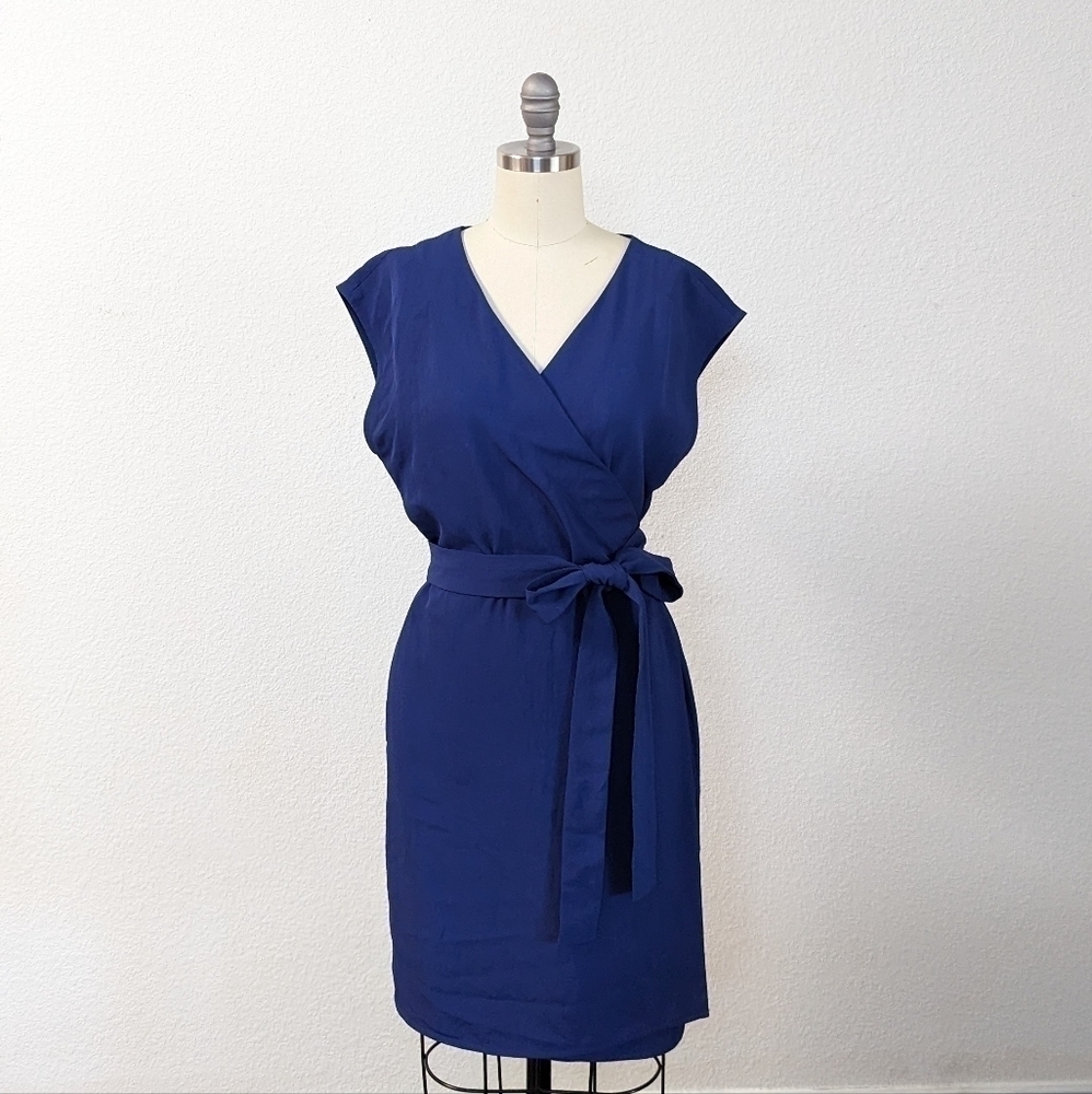 Everlane V Neck Wrap Waist Tie Dress Blue 2 Business Casual Preppy Minimalist